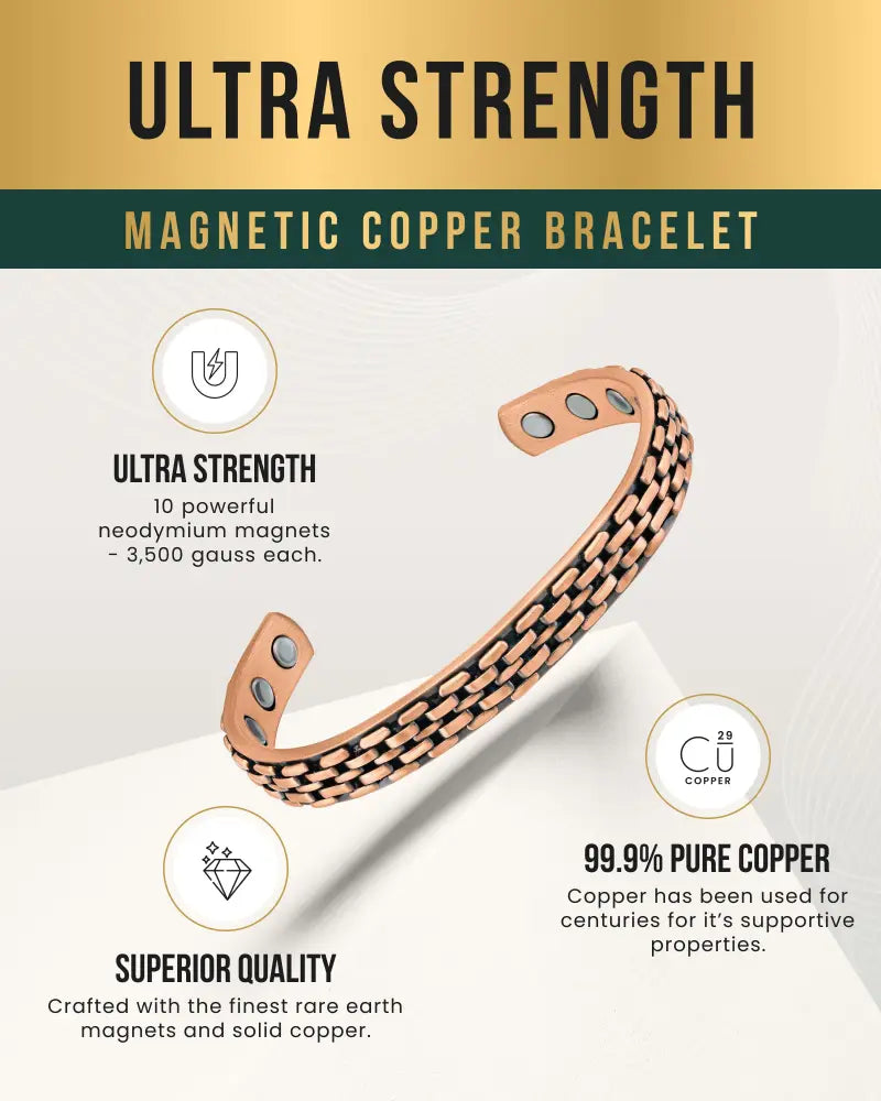 Rose gold magnetic copper therapy cuff bracelet with woven chain design and three embedded neodymium magnets
