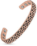 Rose gold-toned copper magnetic therapy cuff bracelet with woven chain design and three circular magnets per end