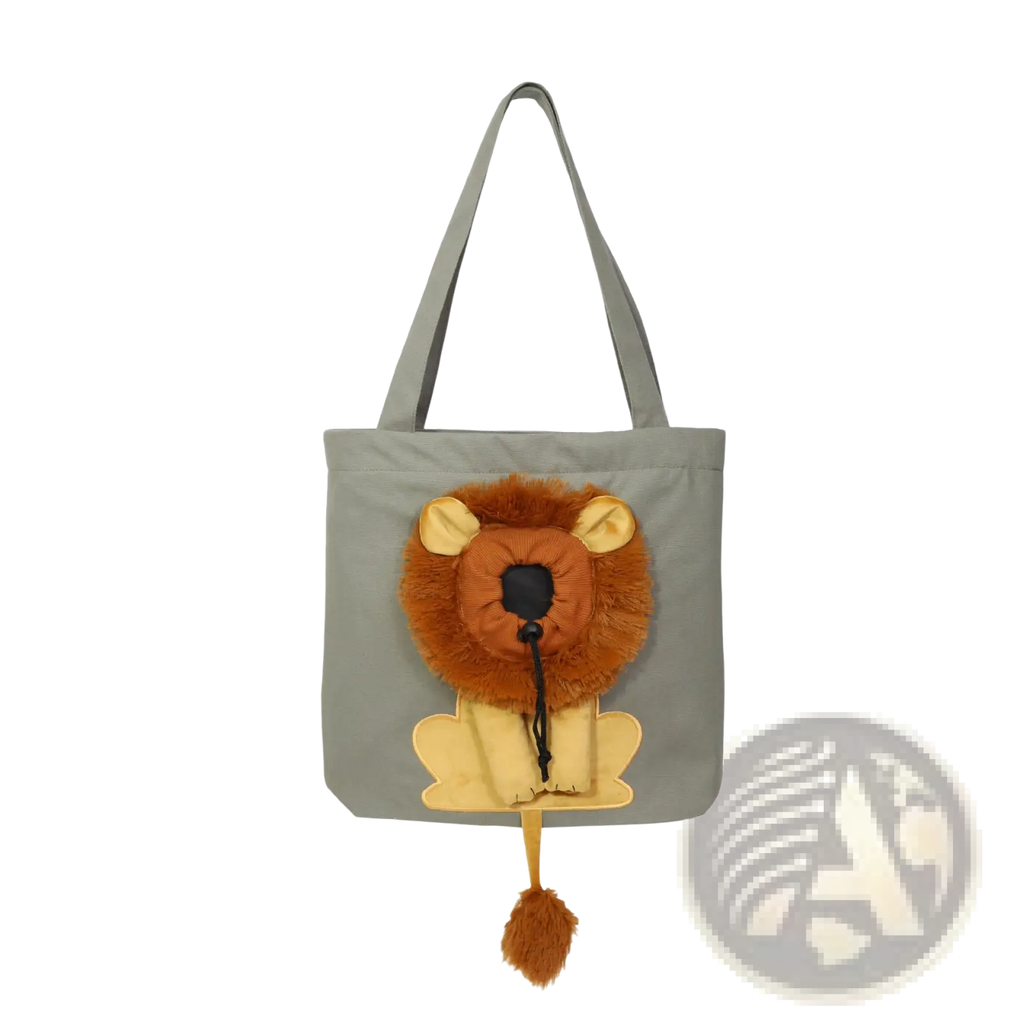 Gray tote bag Lion design portable pet carrier with plush lion face brown fur tan ears muzzle and matching tail