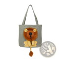 Gray tote bag Lion design portable pet carrier with plush lion face brown fur tan ears muzzle and matching tail