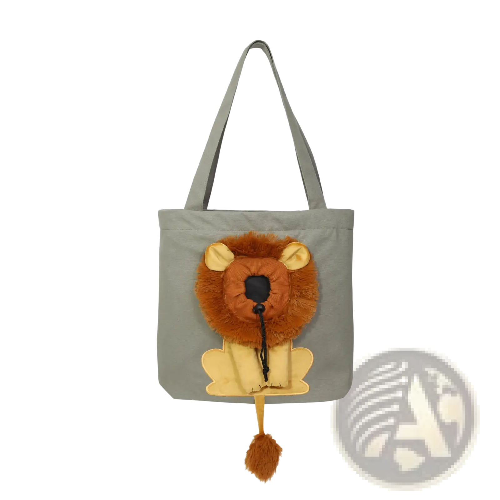 Gray tote bag Lion design portable pet carrier with plush lion face brown fur tan ears muzzle and matching tail