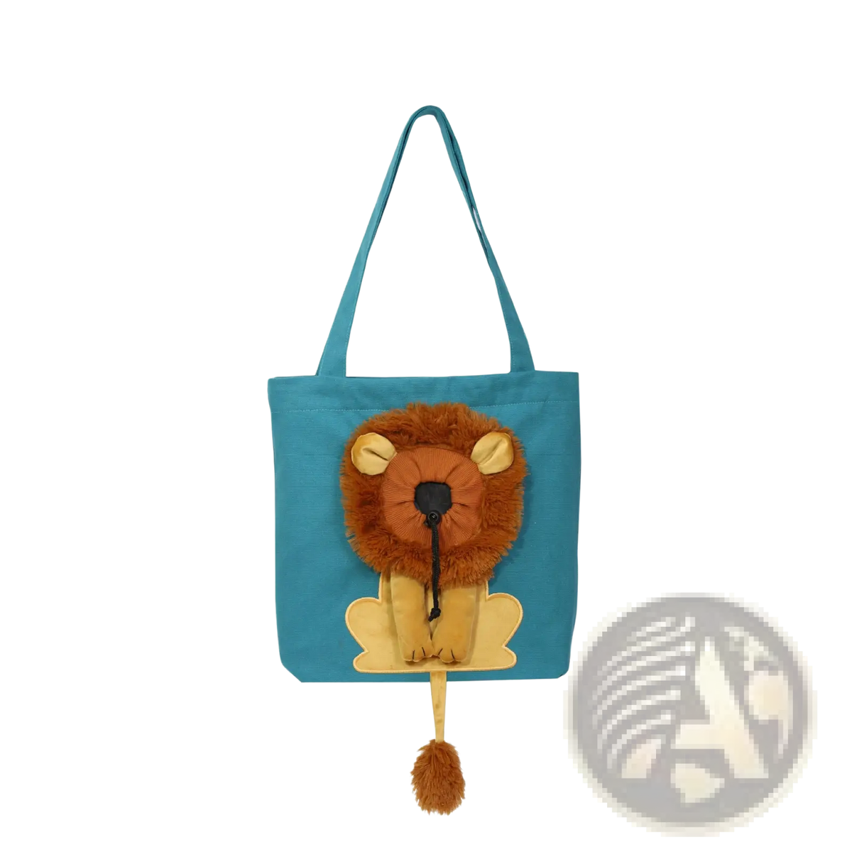 Blue lion design portable pet carrier bag featuring a plush brown lion with yellow ears paws and a fluffy tail