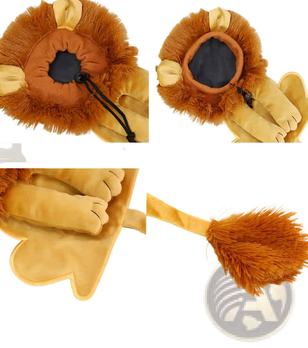 Lion design portable pet carrier bag featuring a plush lion theme with fluffy orange mane yellow velvet ears and faux fur tail