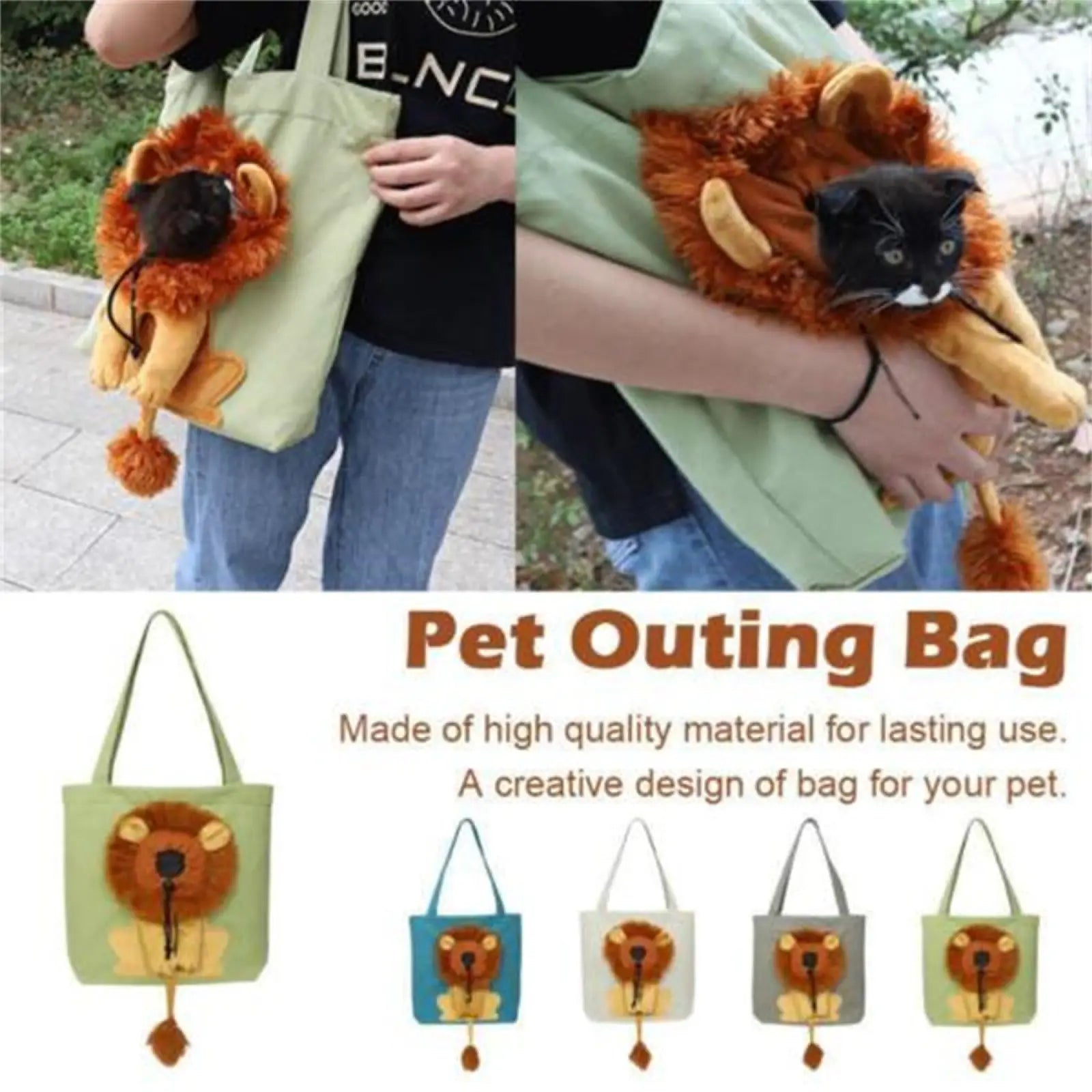 Lion design portable pet carrier bag with plush orange mane yellow ears tail tip and green canvas body front-facing lion face