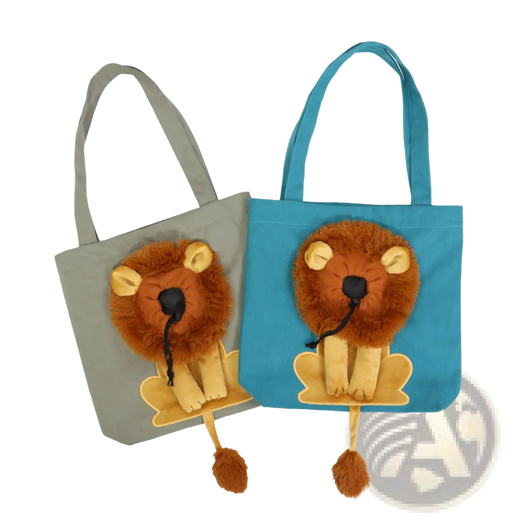 Two plush lion design portable pet carrier bags in gray and teal featuring three-dimensional brown lions with yellow ears and paws