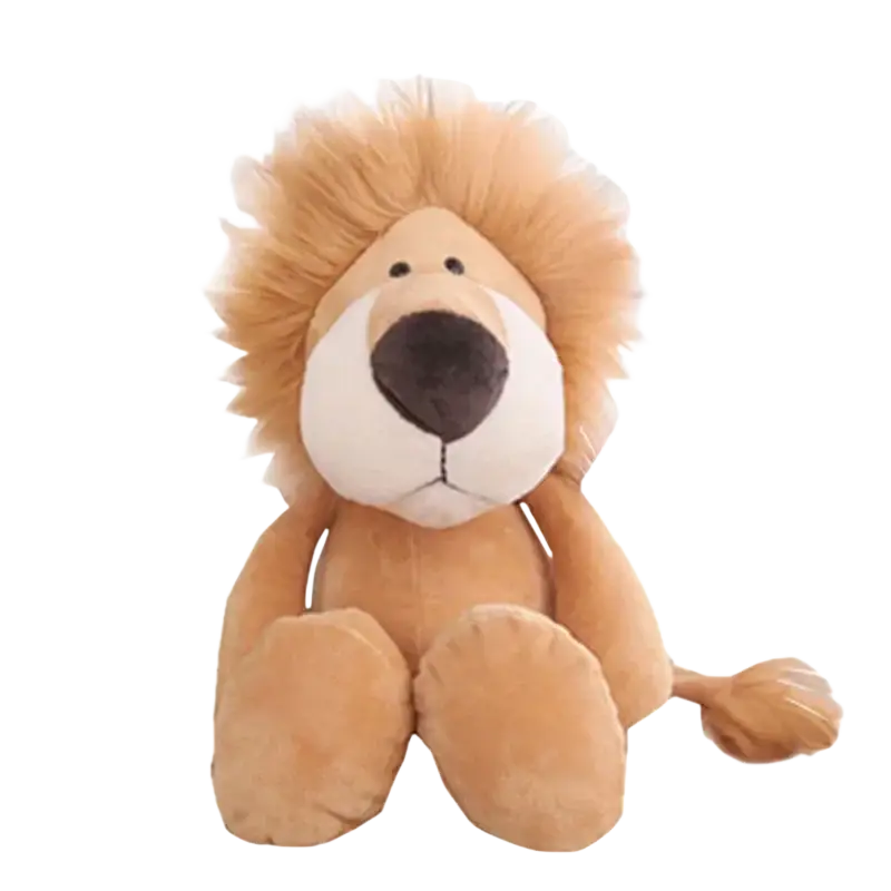 A plush lion toy with a fluffy golden mane tan body and white muzzle in a lion elephant tiger stuffed animal set