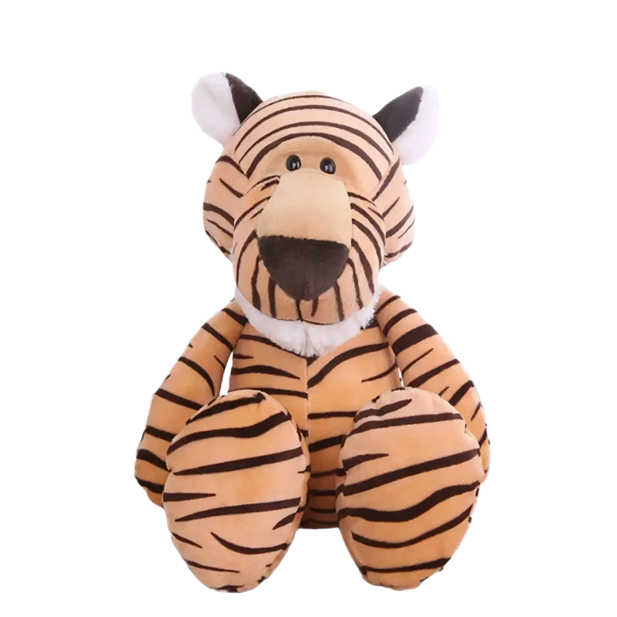 A plush tiger toy with orange and black stripes and fluffy white collar from lion elephant tiger stuffed animal collection