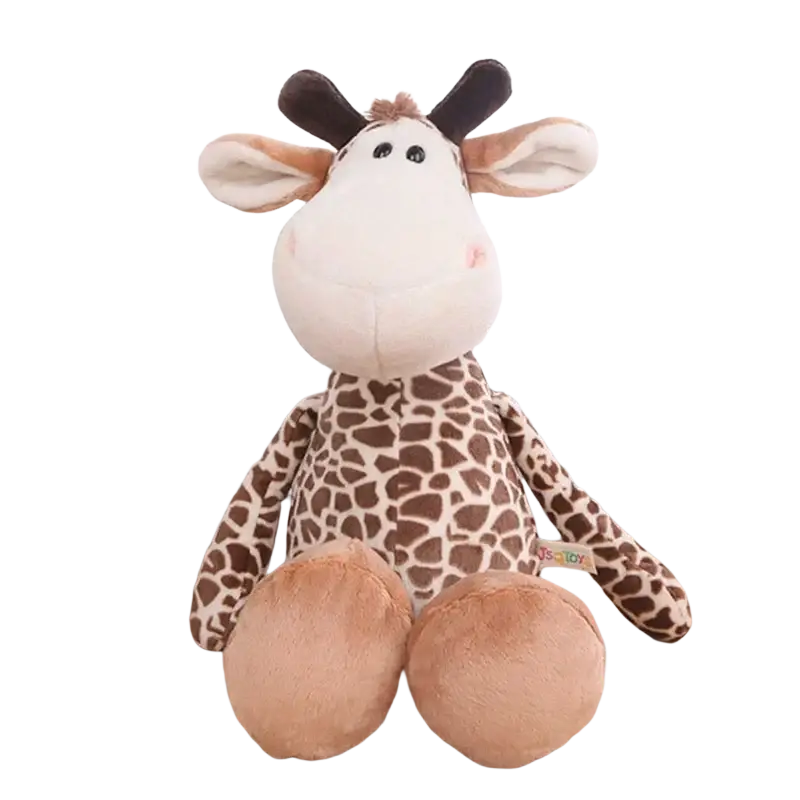 A plush giraffe toy with a white face, brown spots, and tan legs in the lion elephant tiger stuffed animal collection