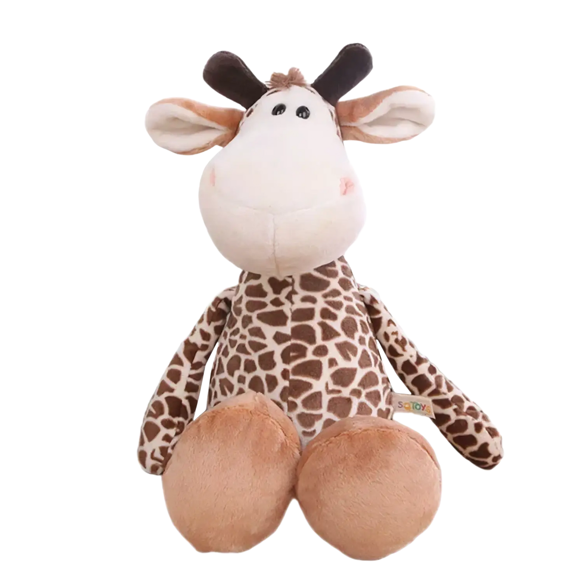 A plush giraffe toy with a beige face, brown and cream spotted body, and tan feet in the lion elephant tiger collection