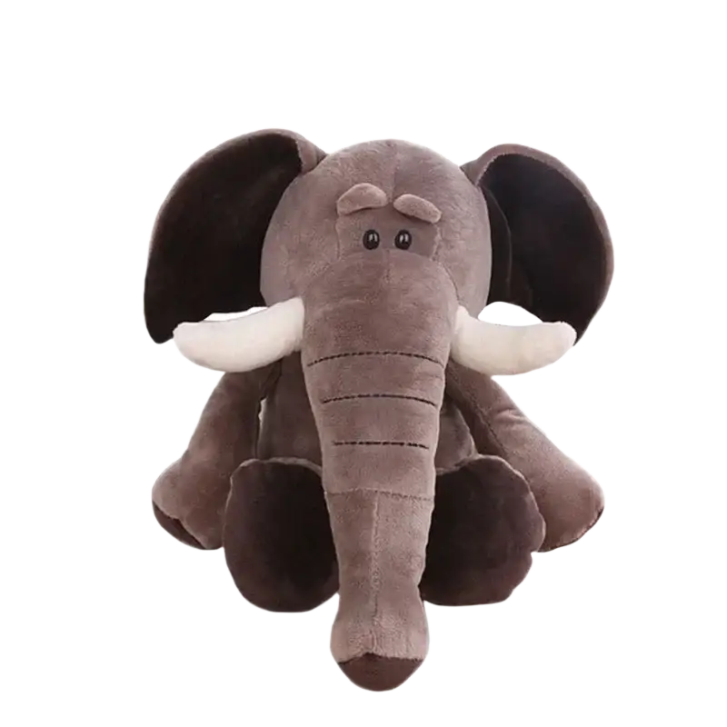 A plush gray lion elephant tiger stuffed animal toy with dark brown ears feet white tusks and stitched facial details