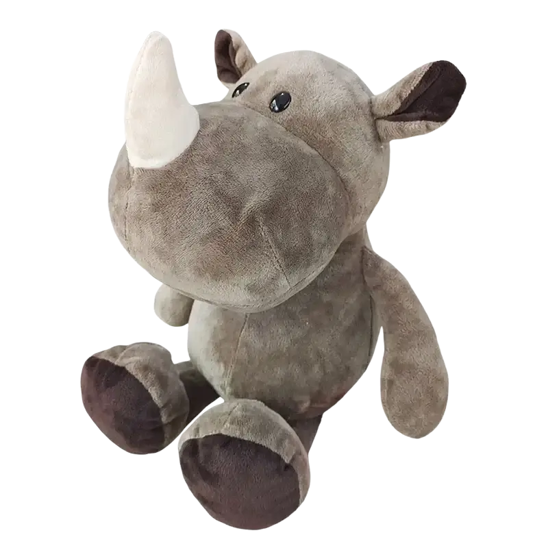 A plush gray rhinoceros toy with white horn and dark brown ears featured in lion elephant tiger plush stuffed animal toy