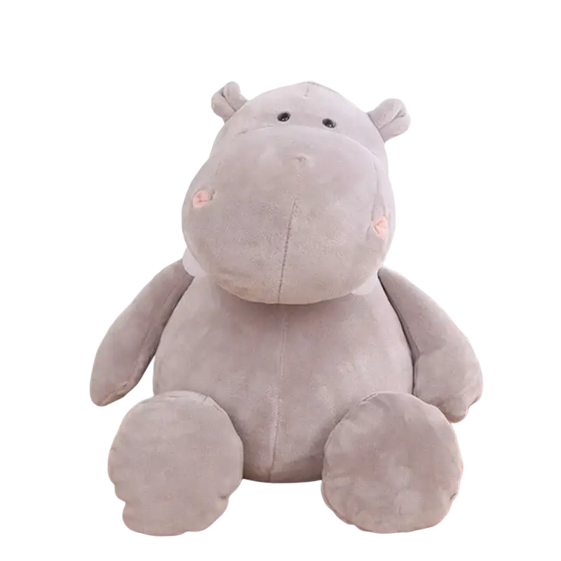 A soft plush gray hippopotamus stuffed animal with pink ears and black eyes from lion elephant tiger collection