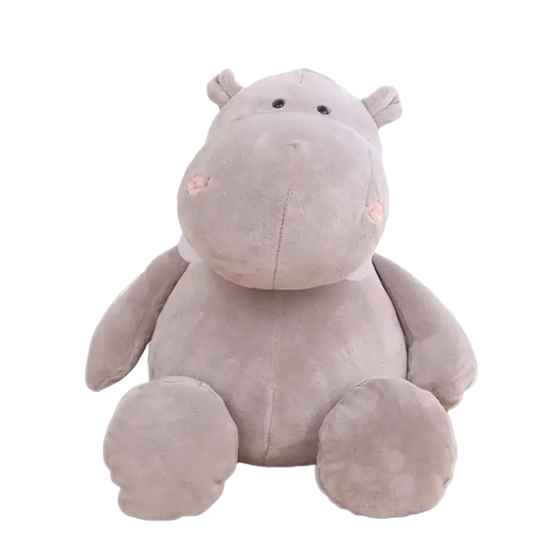 A soft light gray plush hippopotamus with pink ears and nose from lion elephant tiger stuffed animal toy collection