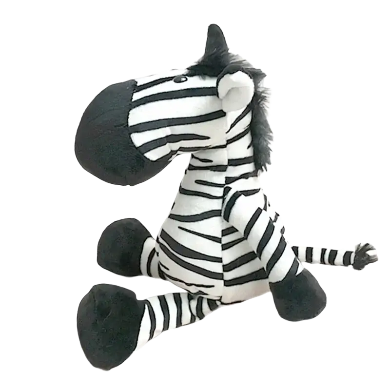 A plush zebra toy with black and white striped fabric and soft felt ears complementing lion elephant tiger plush set