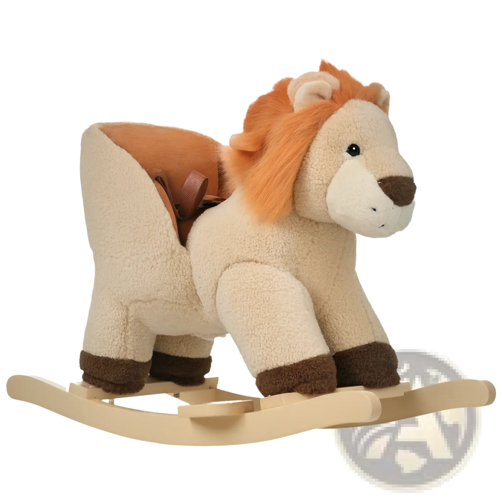 Cream-colored plush lion rocking horse with sound features tan mane brown accents and a secure seat belt
