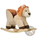 Cream-colored plush lion rocking horse with sound features tan mane brown accents and a secure seat belt