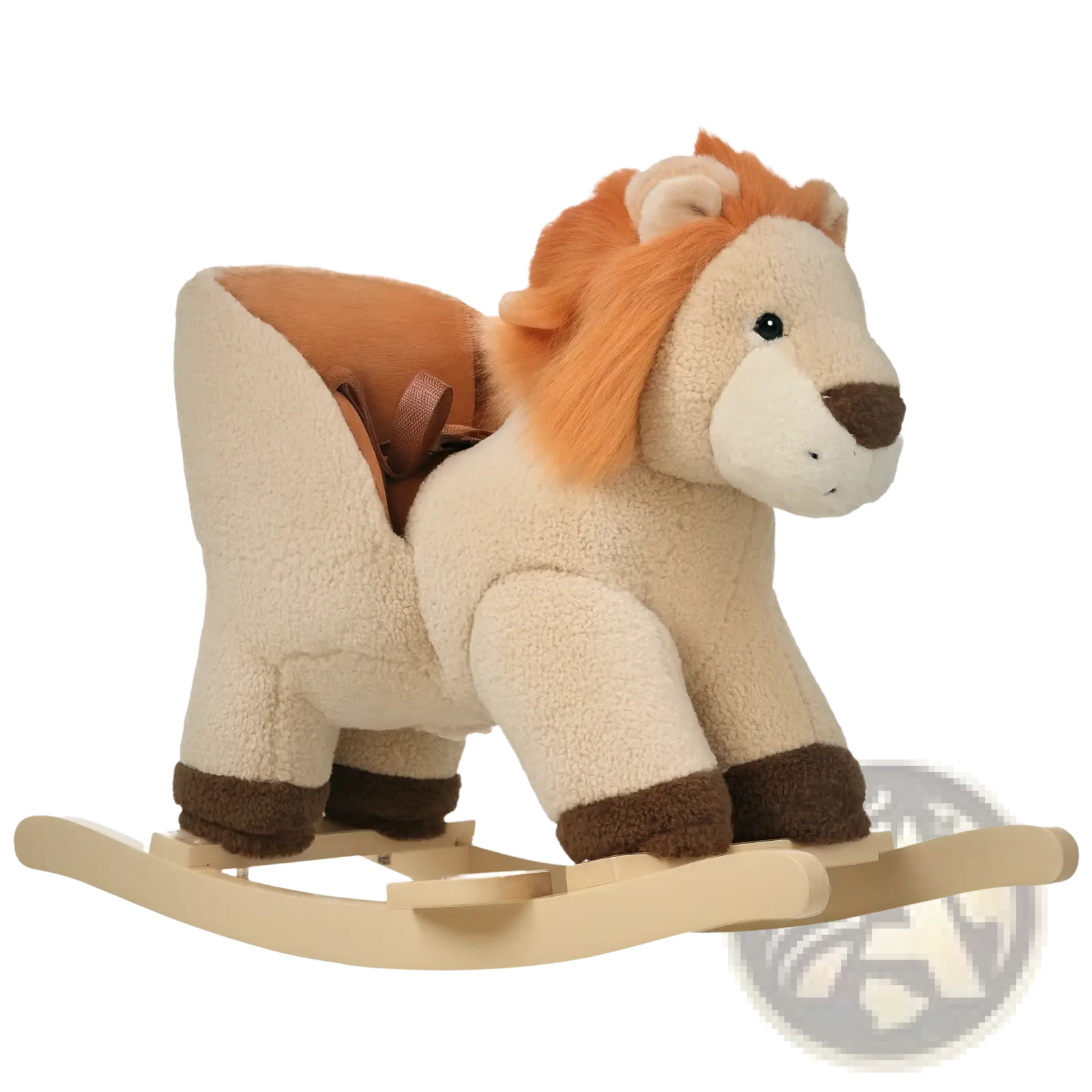 Cream-colored plush lion rocking horse with sound features tan mane brown accents and a secure seat belt