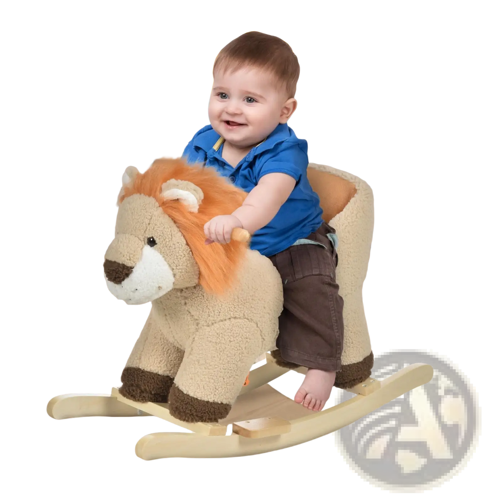 Beige plush lion rocking horse with sound and seat belt orange mane brown paws and wooden rocker base