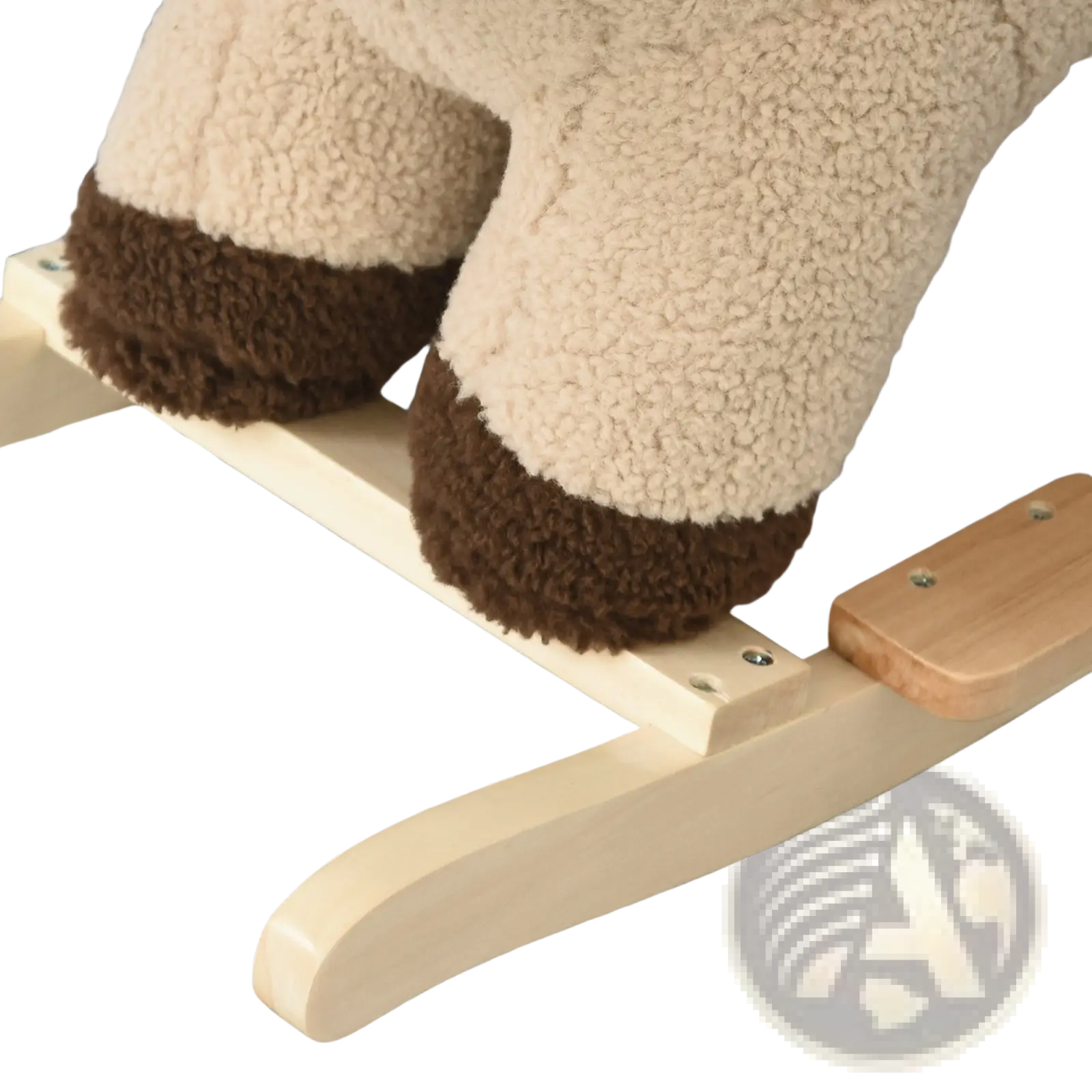 Cream-colored plush lion rocking horse with sound feature, brown paw pads, wooden rocker base, and safety seat belt