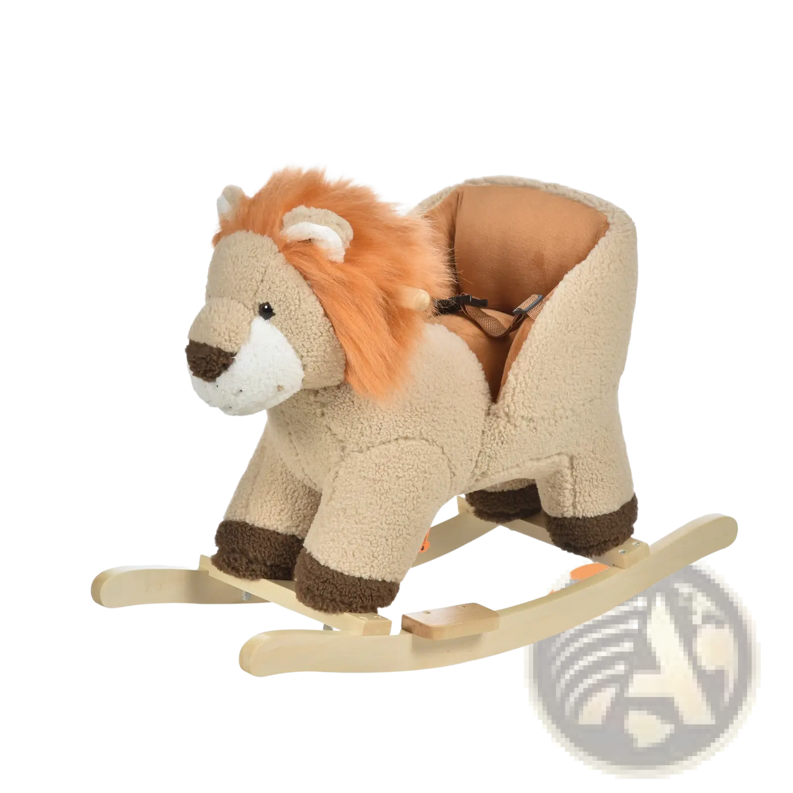 Beige plush lion-shaped rocking horse with sound seat belt fluffy orange mane and wooden rockers for children
