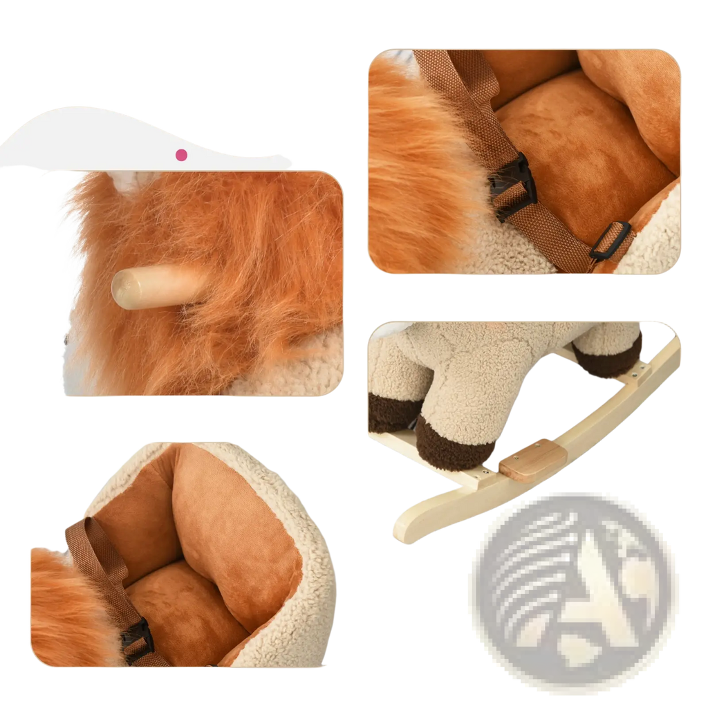 Plush orange fox-shaped rocking horse with safety belt, soft padded interior, and solid wooden base for children