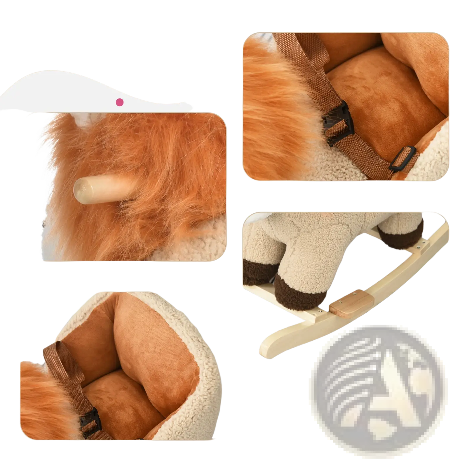 Plush orange fox-shaped rocking horse with safety belt, soft padded interior, and solid wooden base for children