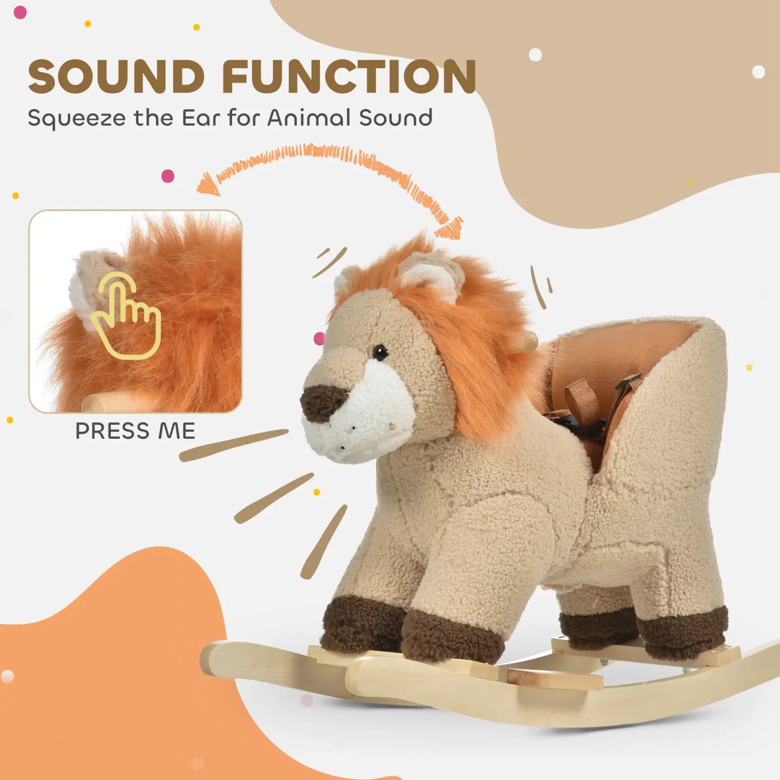 Plush lion rocking horse with orange and beige fur brown paws sound feature seat belt soft body on wooden rockers