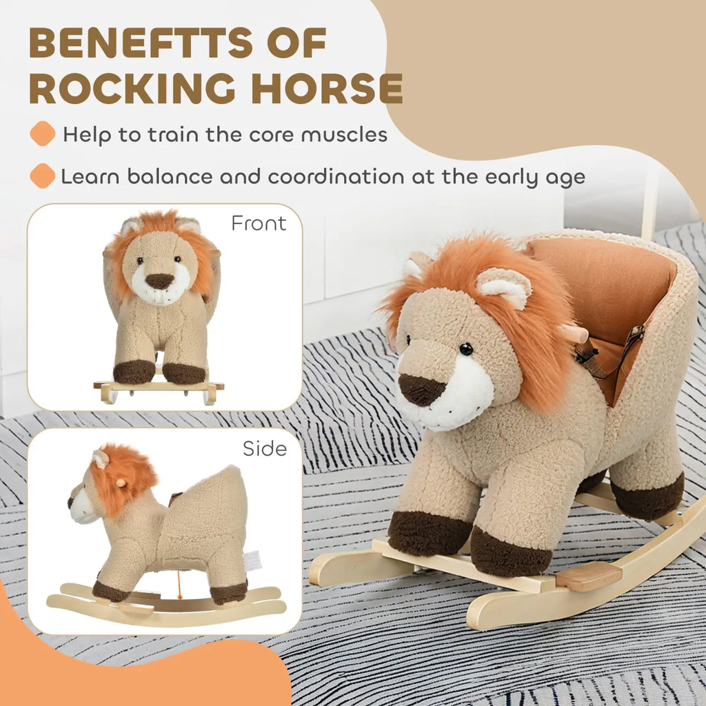 A plush lion rocking horse with sound and seat belt featuring tan body orange mane brown paws and soft fabric seat upholstery