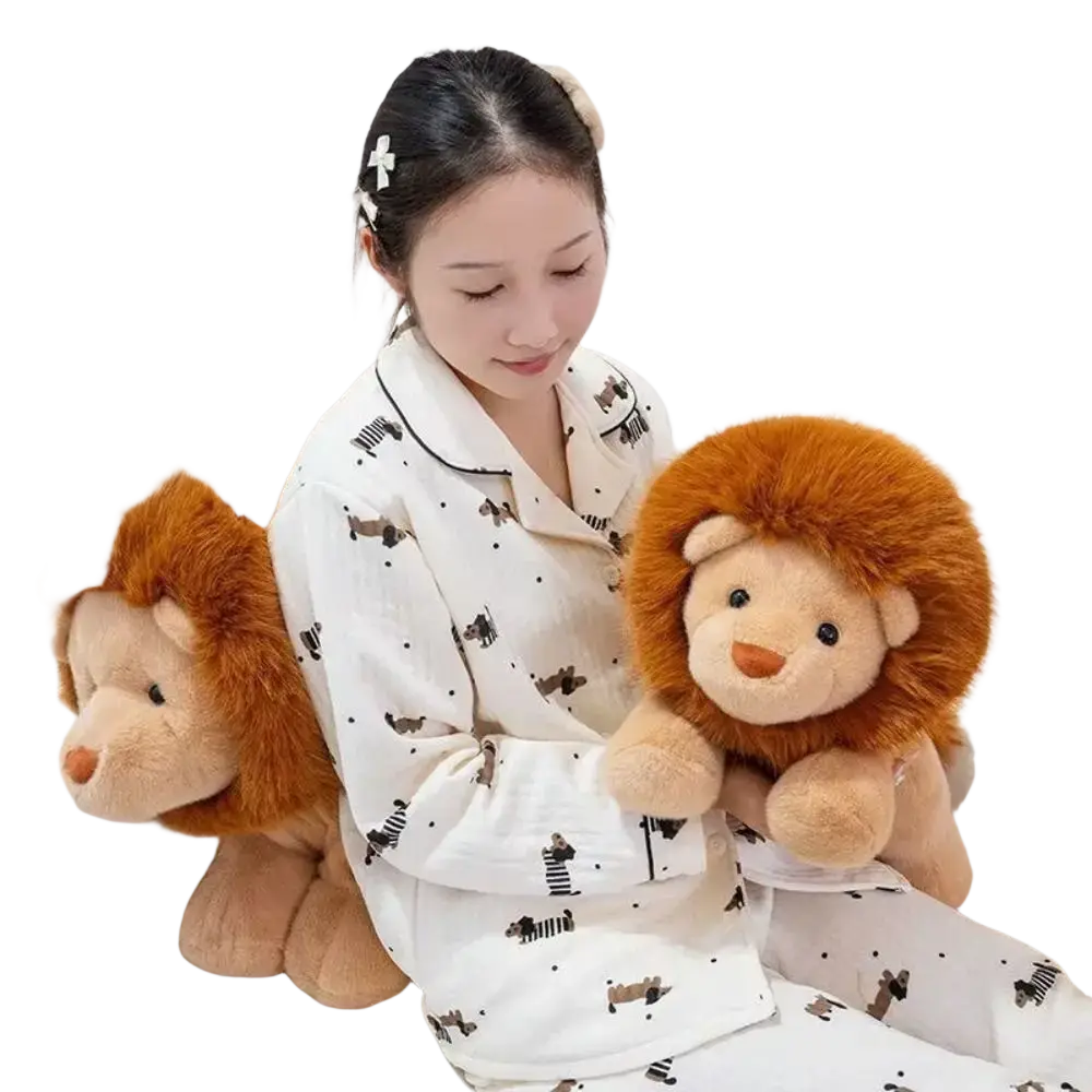 Soft orange-furred lion stuffed animal plush pillow with tan face and black button eyes 15.8 inch size