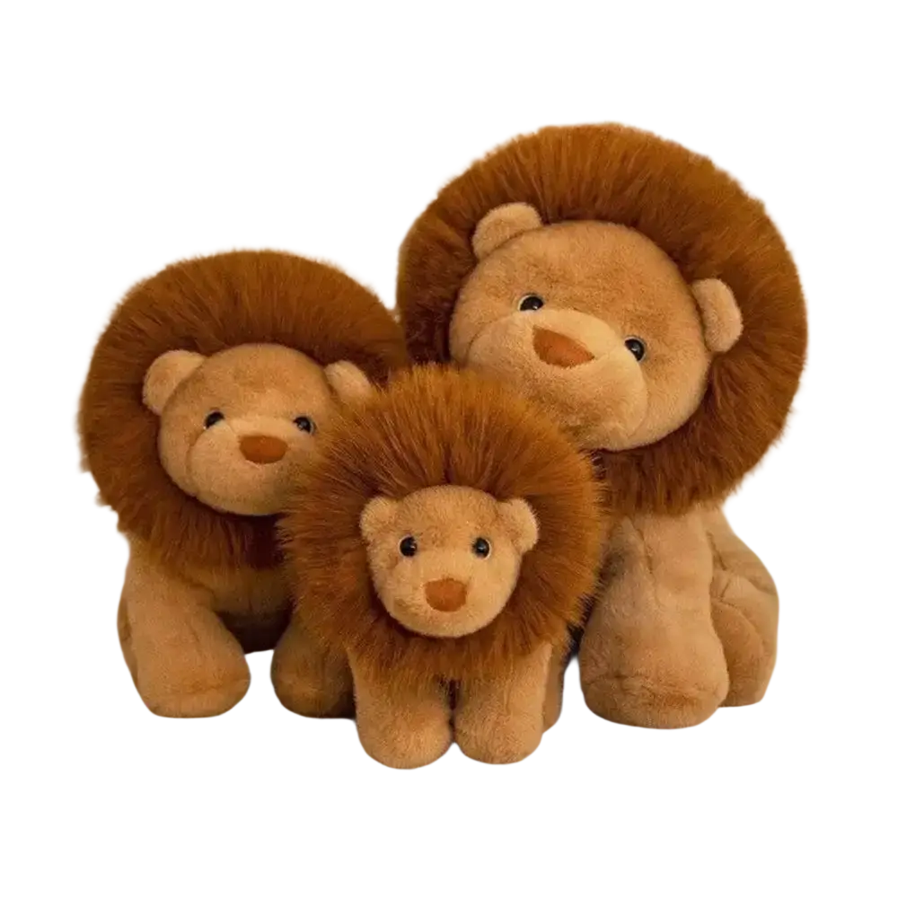 Three tan lion stuffed animal plush pillows with fluffy brown manes black button eyes and orange stitched noses 15.8 inch