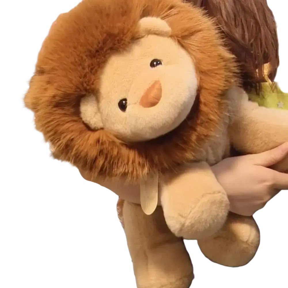 A lion stuffed animal plush pillow 15.8 inch with a fluffy brown mane, soft beige body, and stitched details