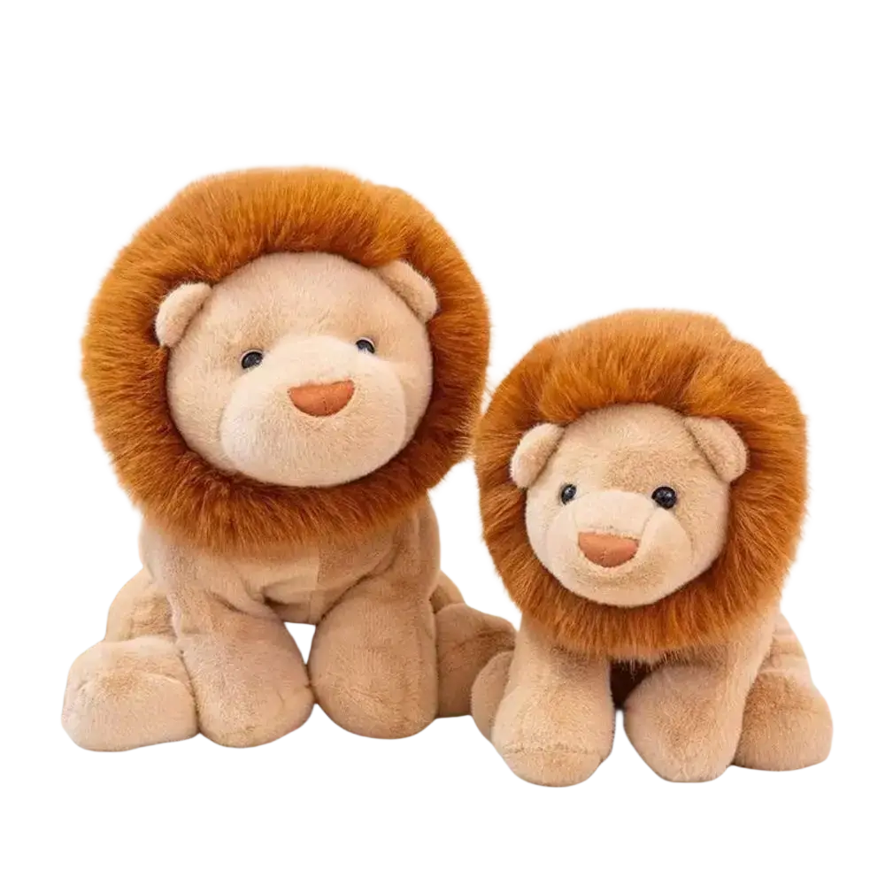 Two plush lion stuffed animals with soft tan bodies and fluffy golden brown manes in 15.8 inch and 11.8 inch sizes