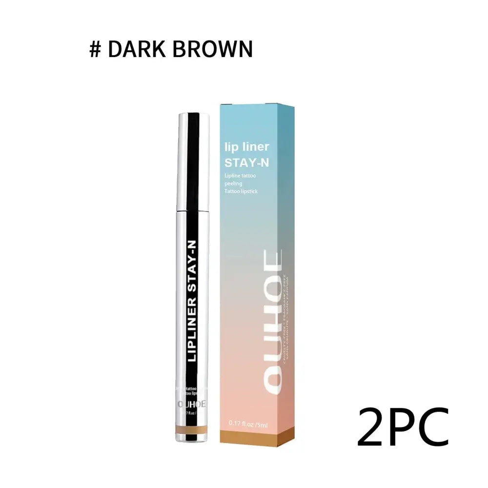 Dark brown waterproof plumping lip liner and gloss pen with silver black barrel in blue to pink gradient ouhoe stay-n box