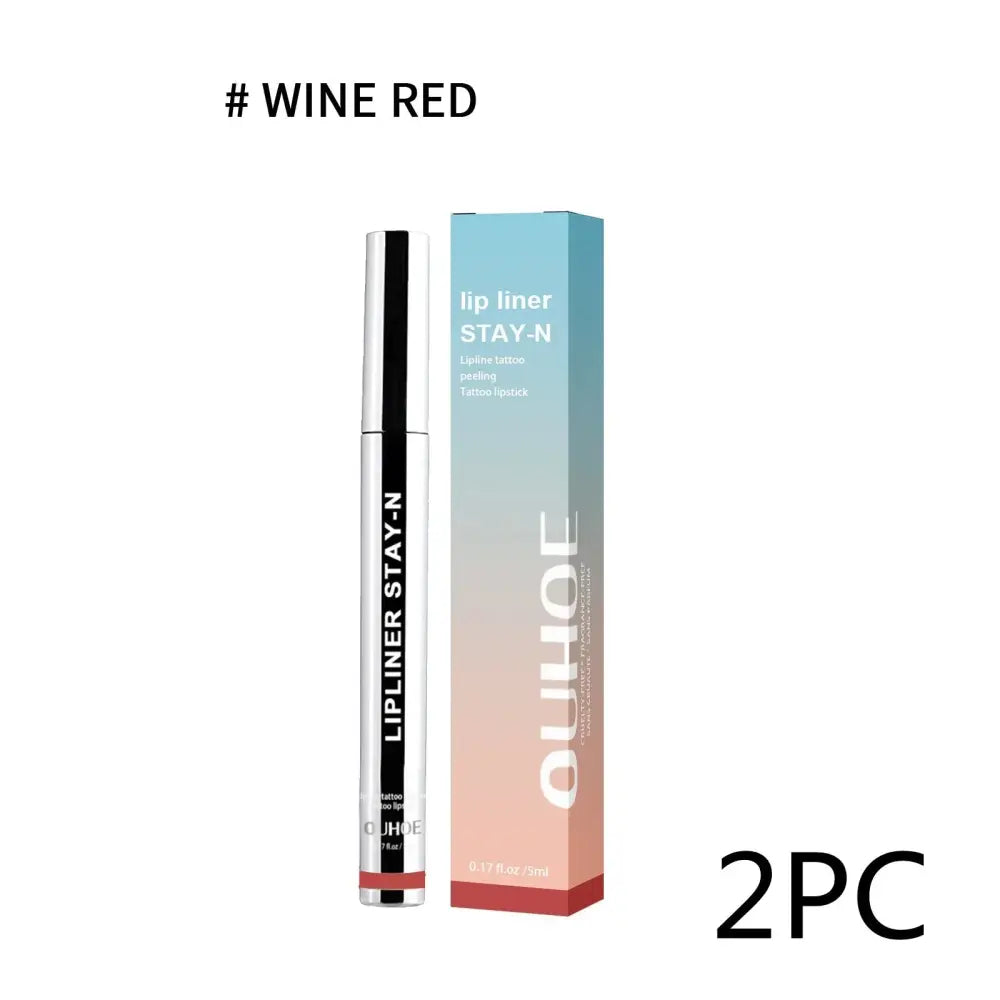 Wine red ouhoe stay-n waterproof plumping lip liner pen with sleek silver and black barrel for precise lip definition