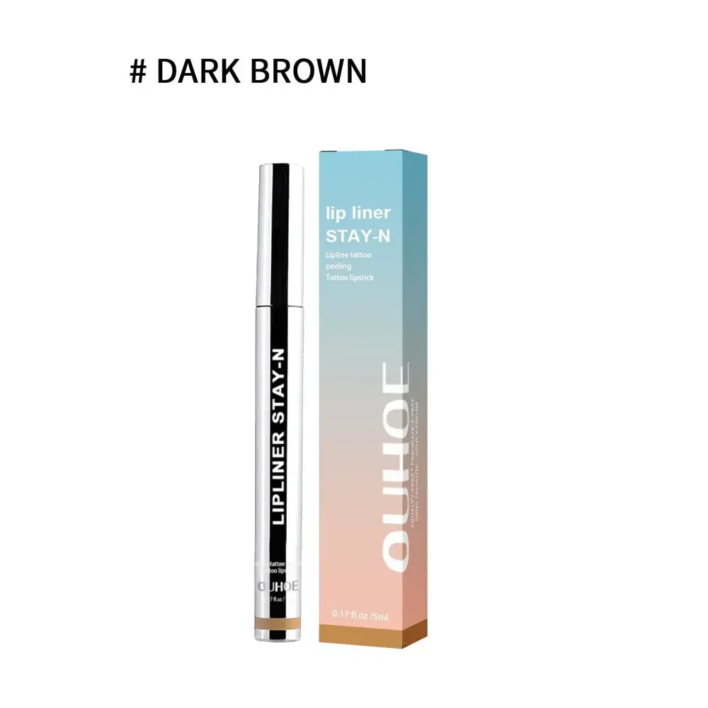 Dark brown Ouhoe waterproof plumping lip liner pen with sleek silver and black barrel for precise lip contouring