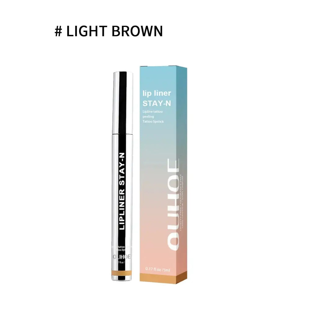 Light brown Ouhoe waterproof plumping lip liner pen with silver black barrel in blue to pink gradient box packaging