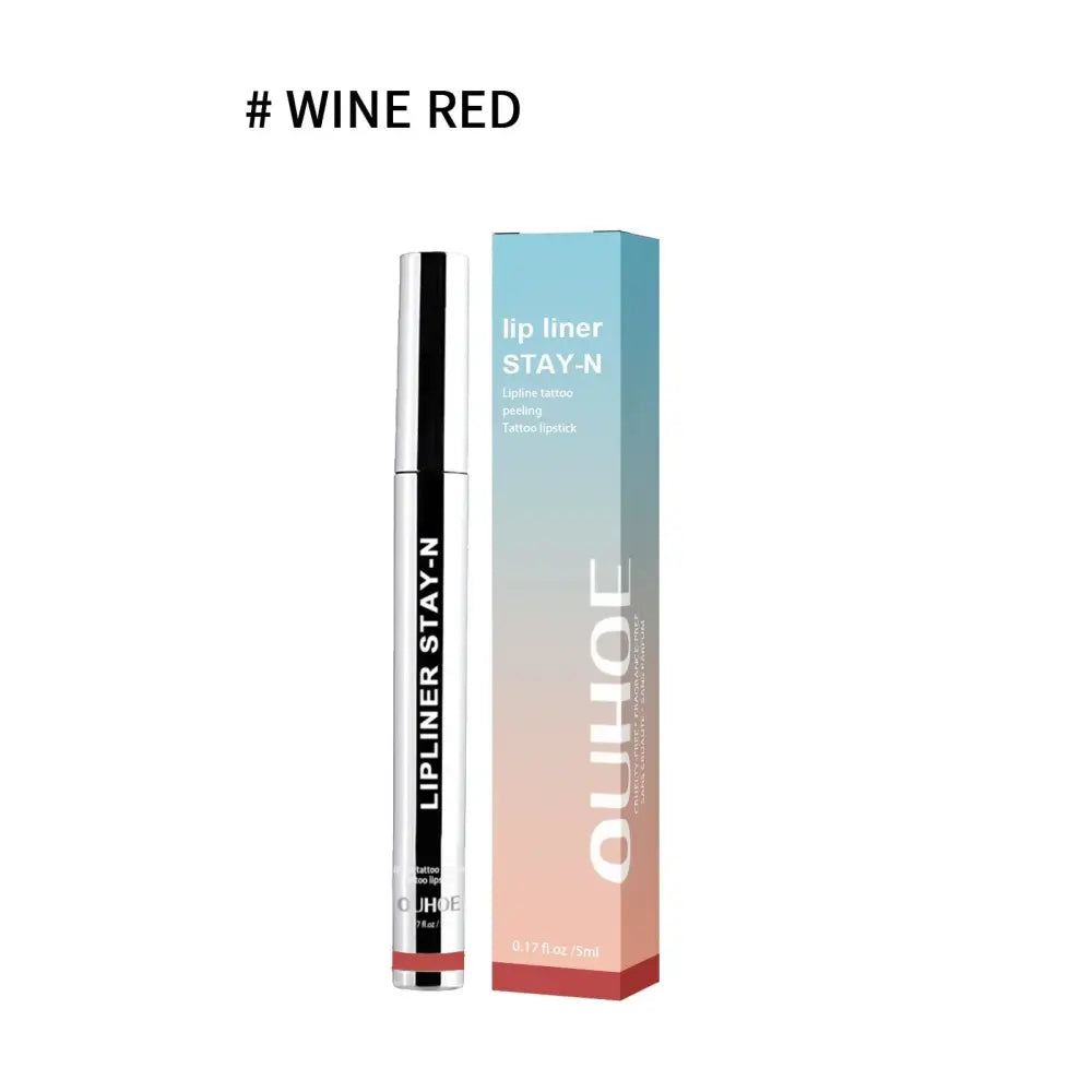 Wine red Ouhoe waterproof plumping lip liner pen with a sleek silver black barrel in a blue to pink gradient box