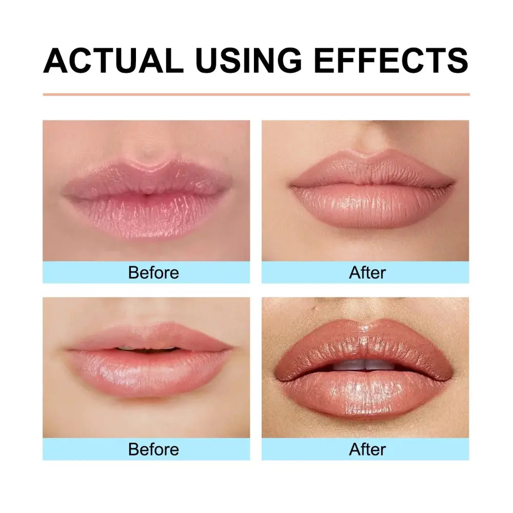 Before and after lips using ouhoe waterproof plumping lip liner and gloss pen with nude tone and glossy finish