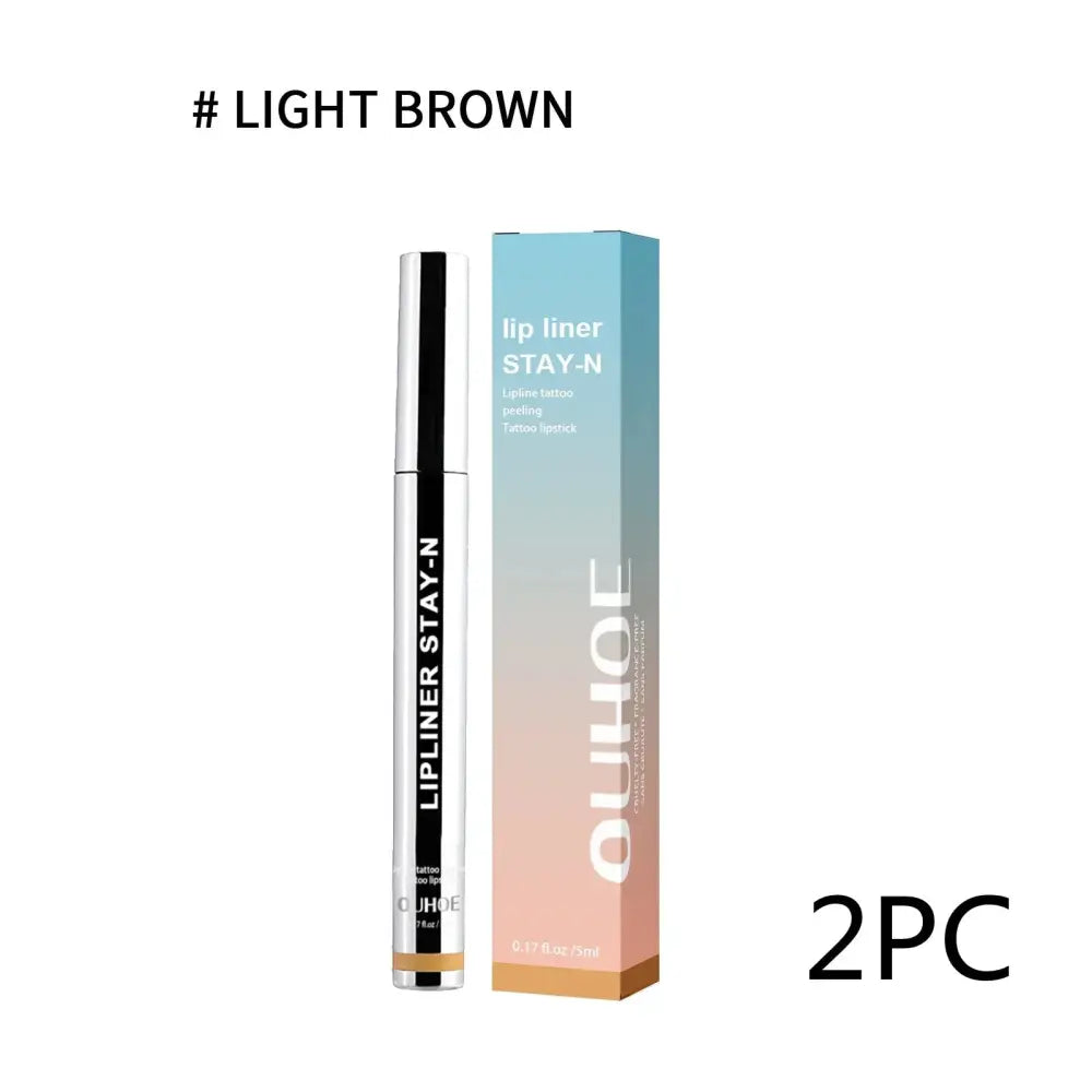 Light brown waterproof plumping lip liner pen by Ouhoe with sleek silver and black barrel branded lip liner stay-n