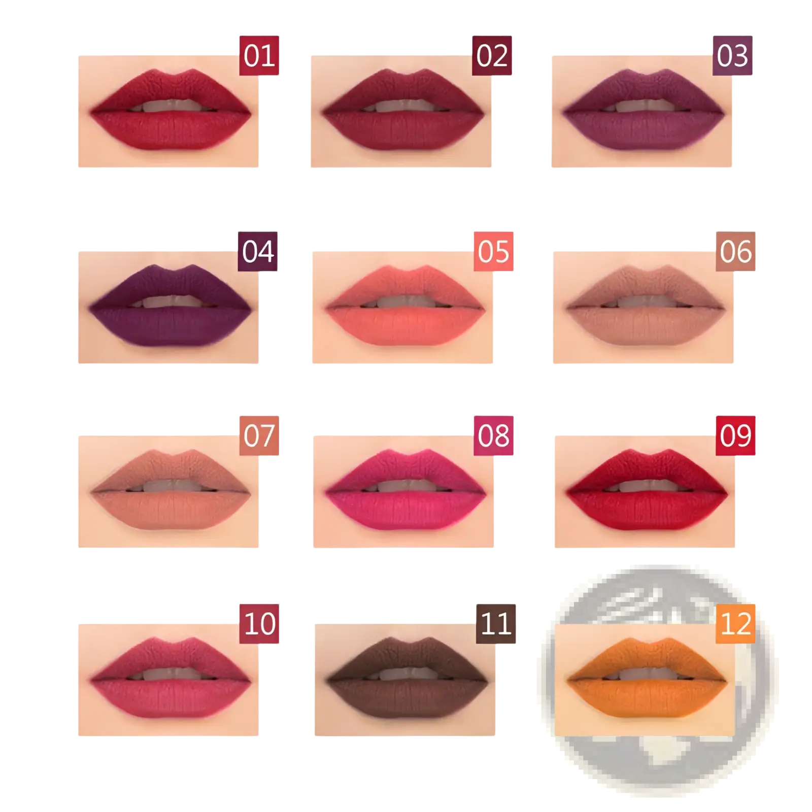 A collection of twelve waterproof matte lip liner pencils in bold and neutral shades each numbered for identification