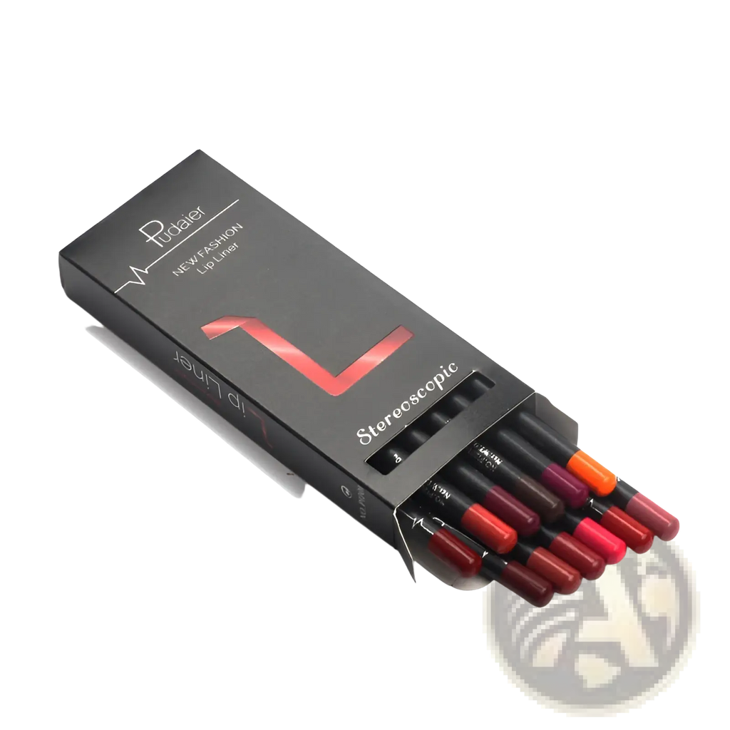 Black rectangular box containing 12 waterproof matte lip liner pencils with colorful glossy caps in red and orange shades