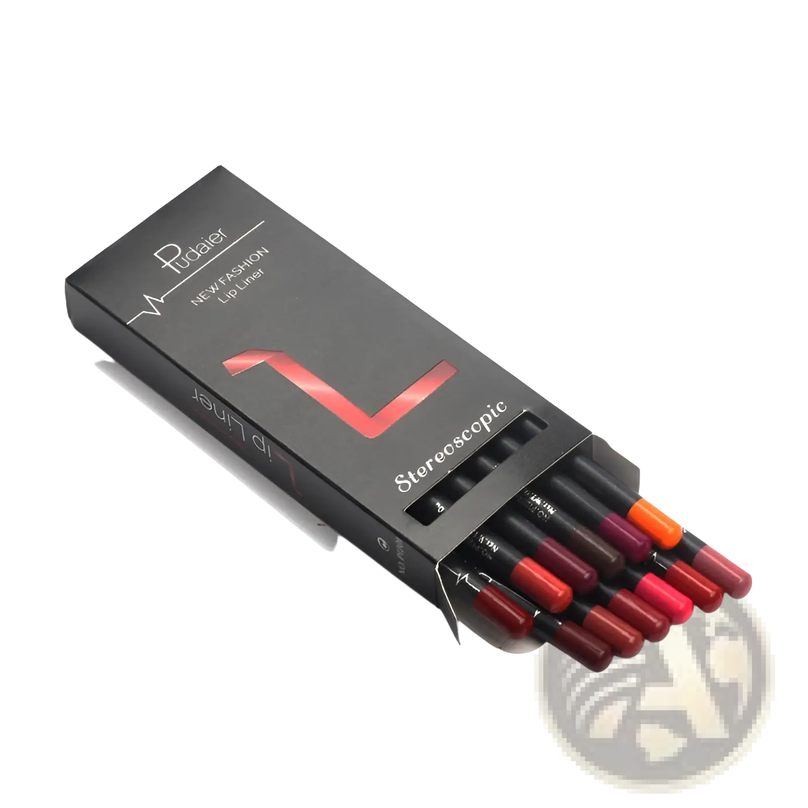 Black rectangular box containing 12 waterproof matte lip liner pencils with colorful glossy caps in red and orange shades