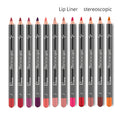 A set of ten sleek black pudaler lip liner pencils with distinct colored tips and waterproof matte formula