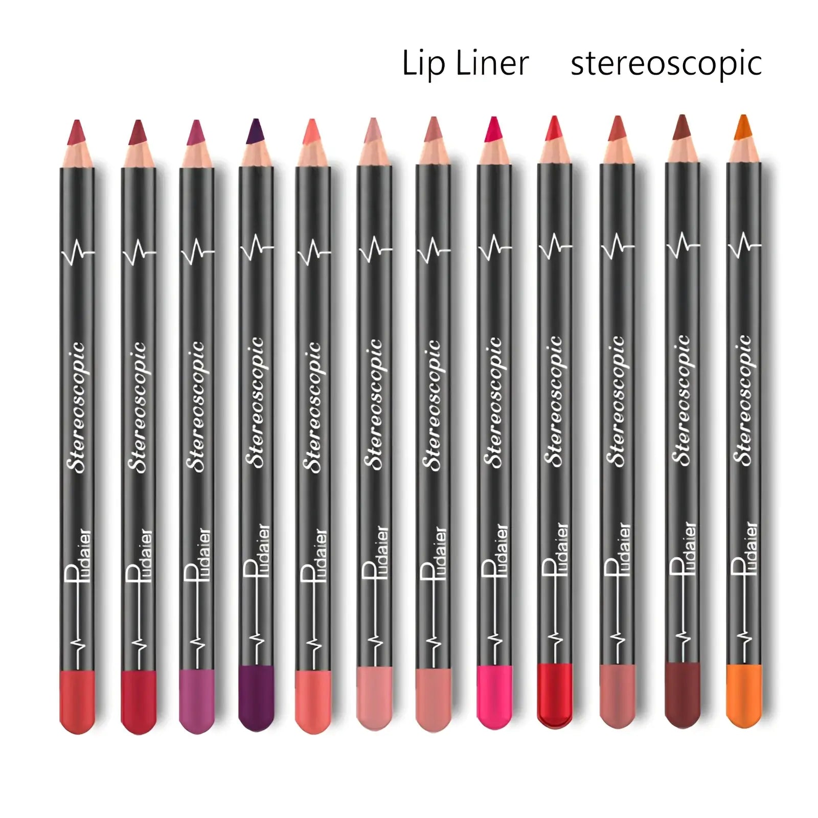 A set of ten sleek black pudaler lip liner pencils with distinct colored tips and waterproof matte formula