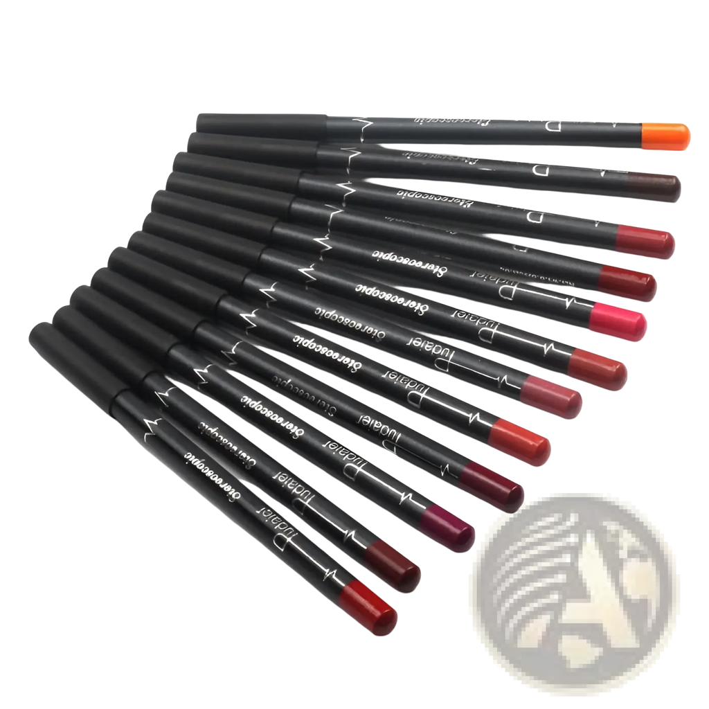 Set of ten black dudelier chromescope lip liner matte pencils with colorful tips in shades from deep red to orange