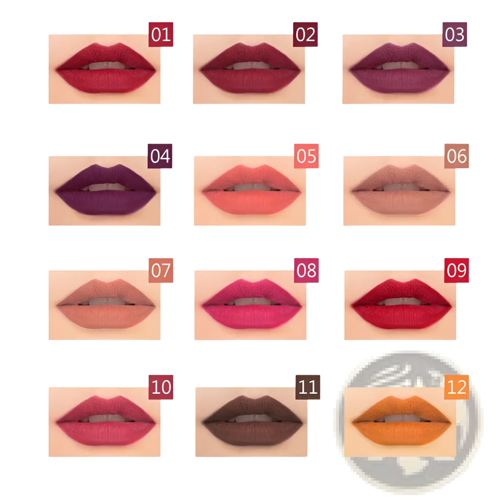 A collection of twelve matte lip liner pencils in bold and neutral shades with waterproof formula numbered for easy use