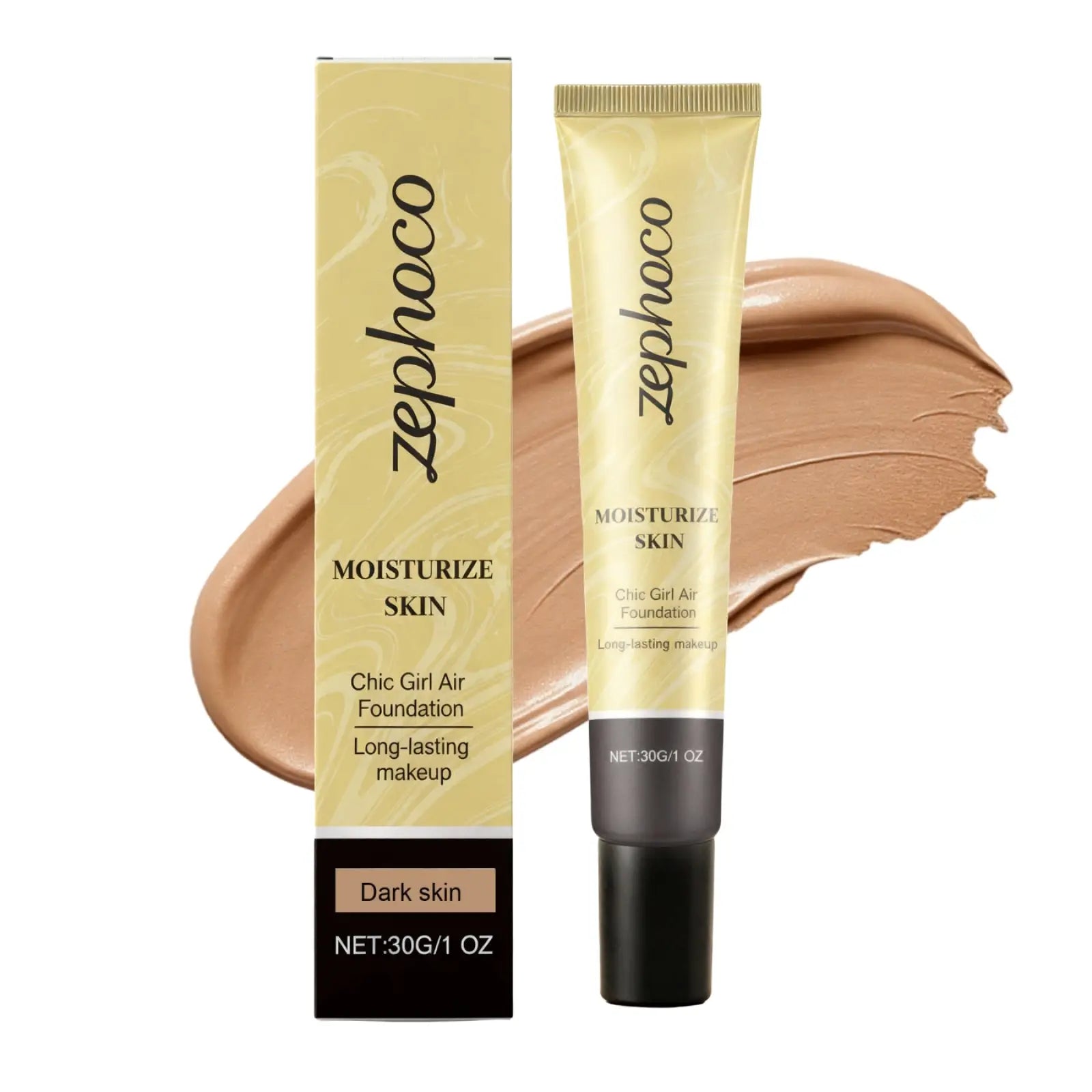 Zephoco liquid foundation moisturizing air makeup concealer in dark skin tone with sleek gold tube and black cap packaging