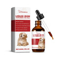 Brown glass bottle with black dropper cap and white label featuring dog image for liquid iron supplement for dogs