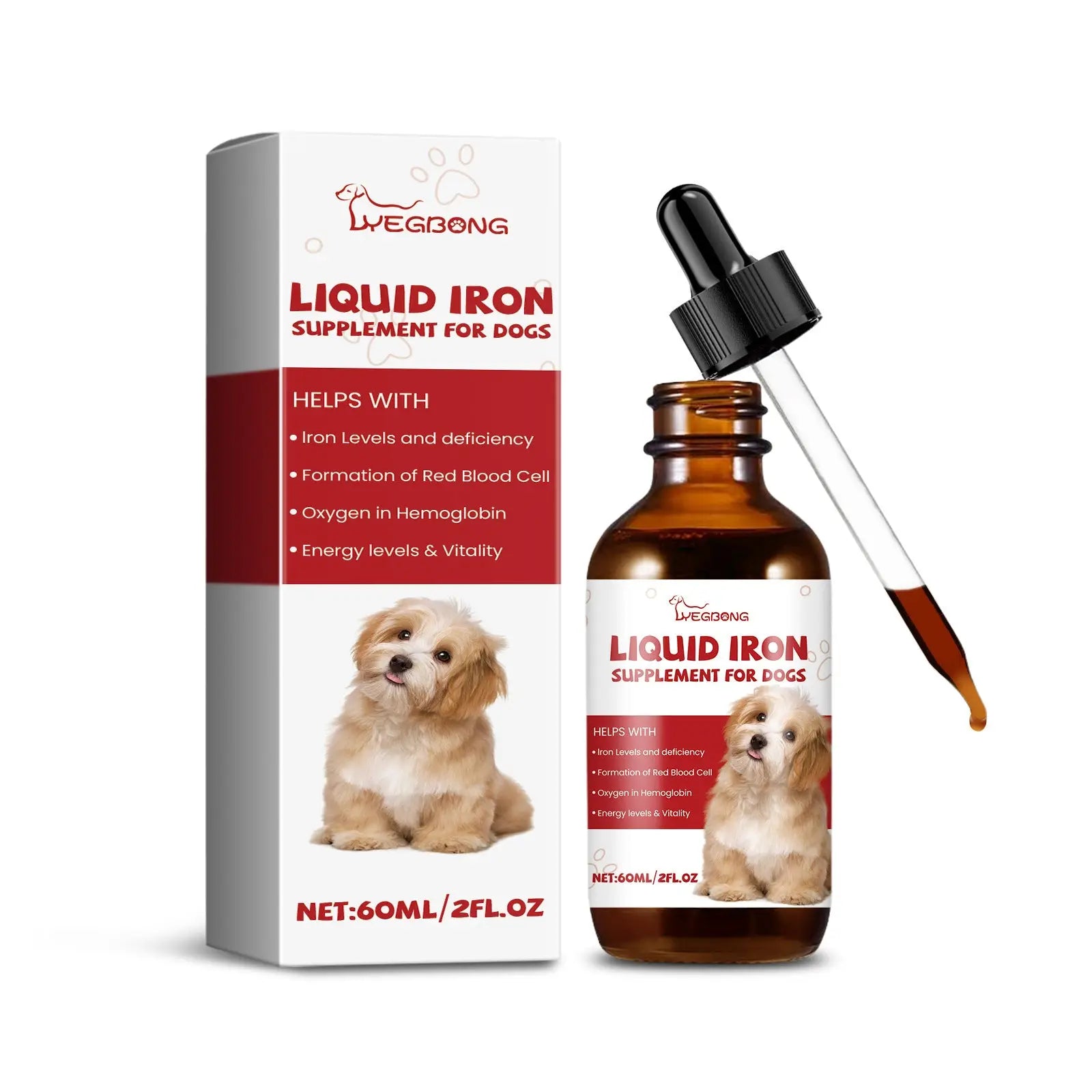 Brown glass bottle with black dropper cap and white label featuring dog image for liquid iron supplement for dogs