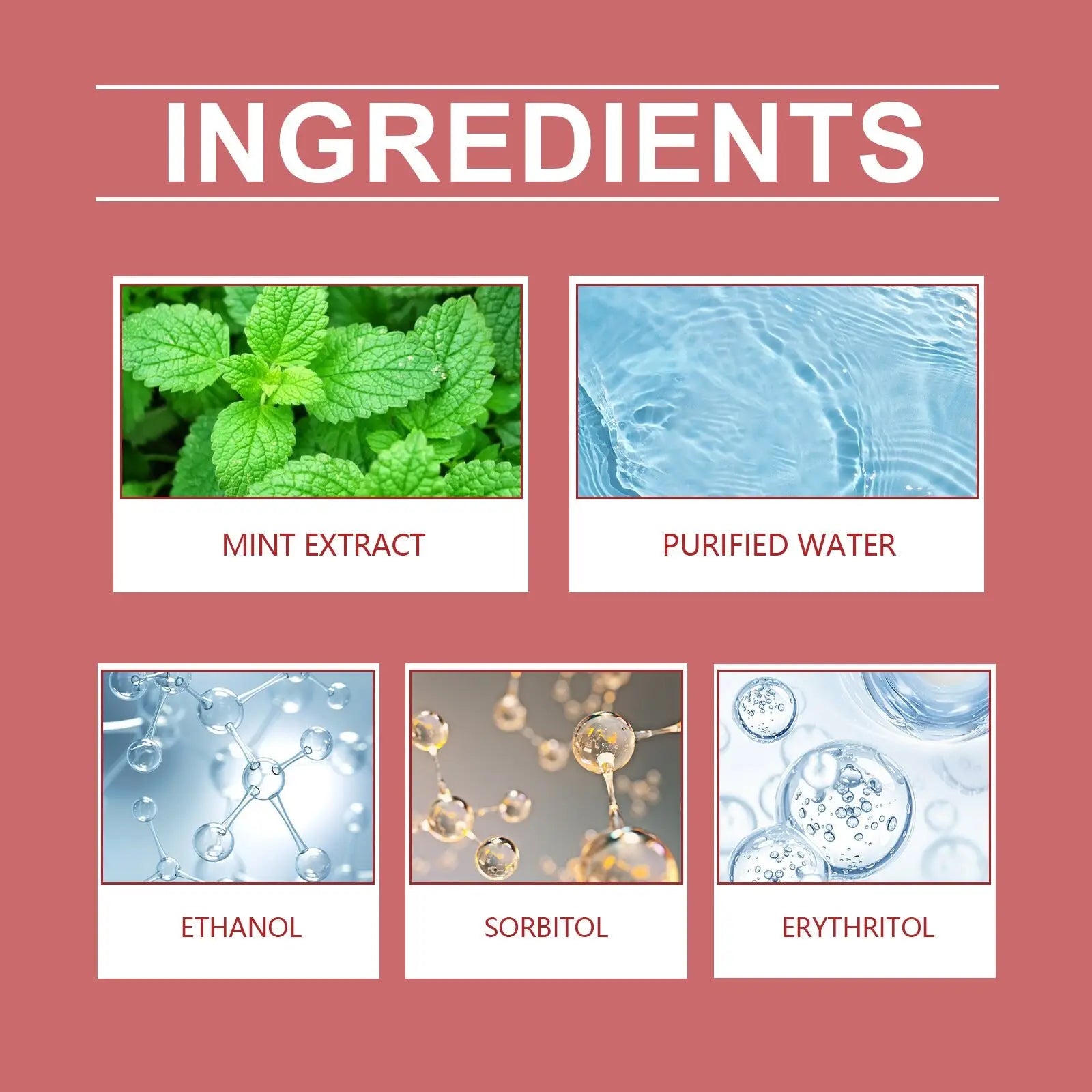 Liquid iron supplement for dogs with mint extract displayed with ingredients mint extract, purified water, ethanol, sorbitol, and erythritol on a pink background
